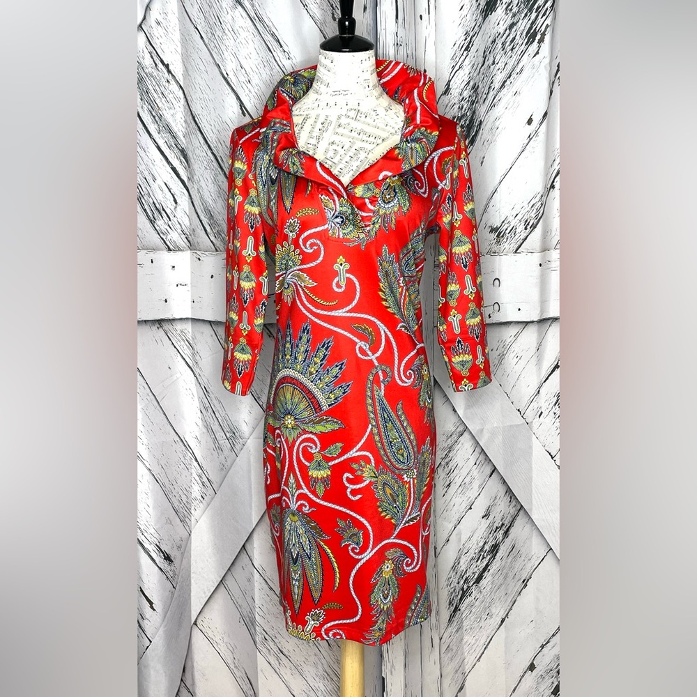 Gretchen Scott Designs Red Paisley Ruffle Neck Sheath Dress